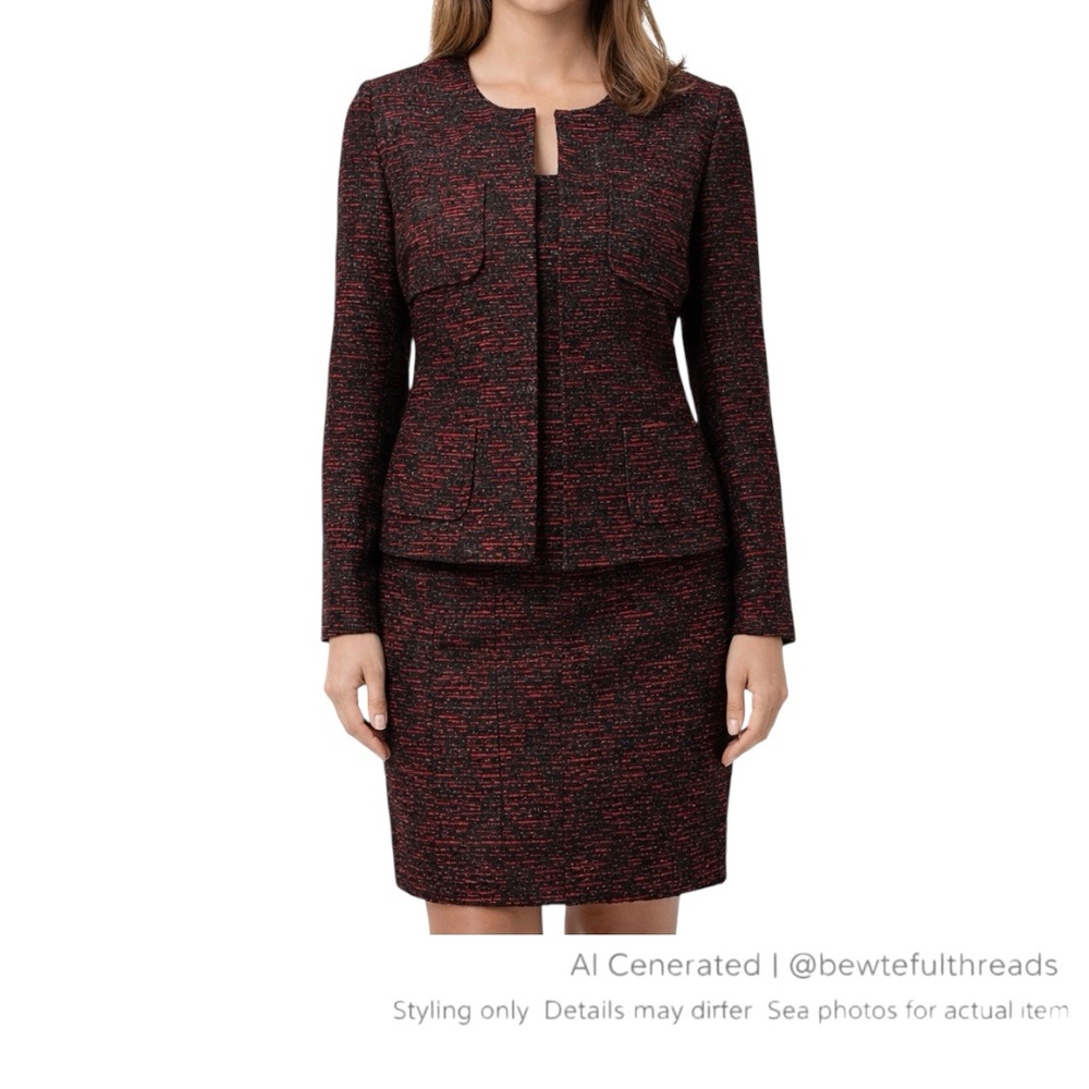 Elegant Textured Set Serrani Italy Metallic Skirt Suit 6/8 Red Black